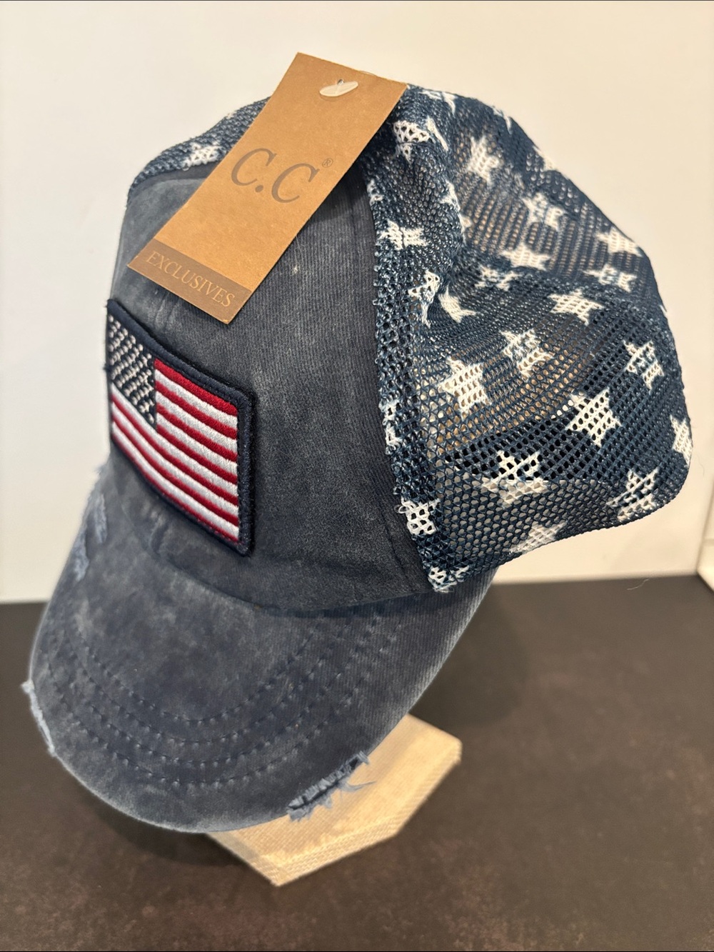 C.C Distressed Navy Trucker Hat with American Flag Patch